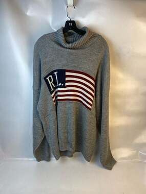 Vintage Polo Ralph Lauren RL American Flag Knit cowneck Sweater Gray Sz XL
